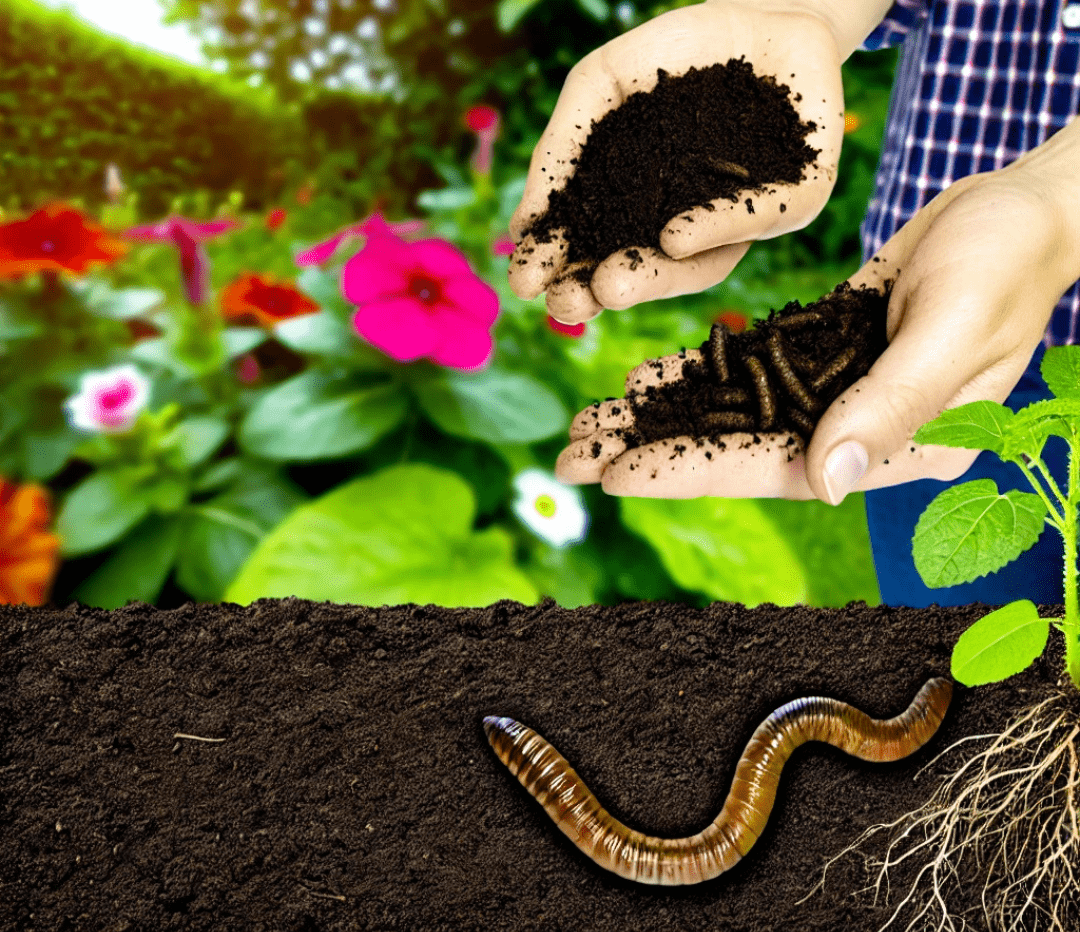 Gardener holding rich, dark worm castings in a vibrant garden filled with healthy plants and flowers.